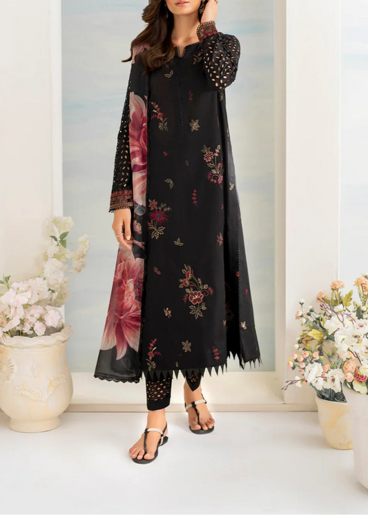 3pc Lawn Embroidery Unstitched Black 🔥 With Printed Chiffon Dupata Maria B
