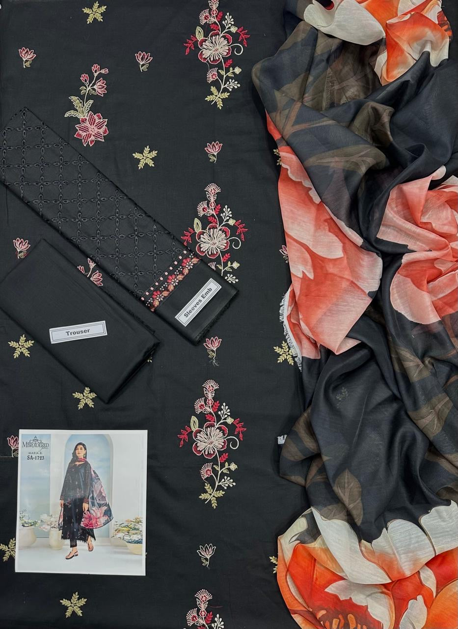 3pc Lawn Embroidery Unstitched Black 🔥 With Printed Chiffon Dupata Maria B