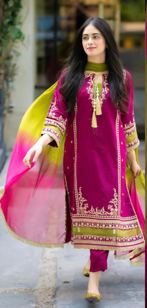 OMAL 3-PC Front fully lawn Emb with chiffon dubbta Embroidered