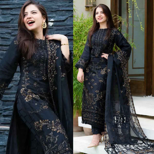NISA - 3PC Lawn Embroidered Shirt With Chiffon Embroidered Dupatta SS1002