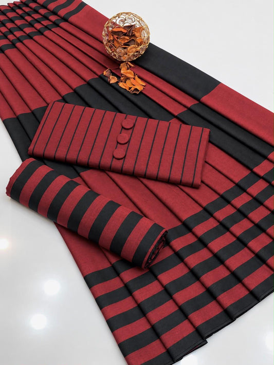 Khaadi Sussi 3pc Strips Black Mehroon Print | Winter Viral Dresses