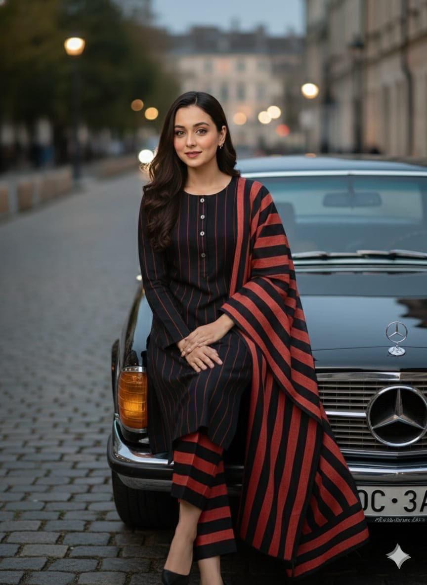 Khaadi Sussi 3pc Strips Black Mehroon Print | Winter Viral Dresses