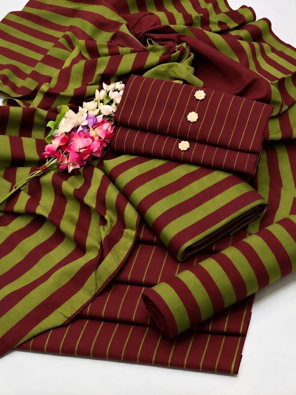Khaadi Sussi 3pc Strips Mehroon Olive Print | Winter Viral Dresses