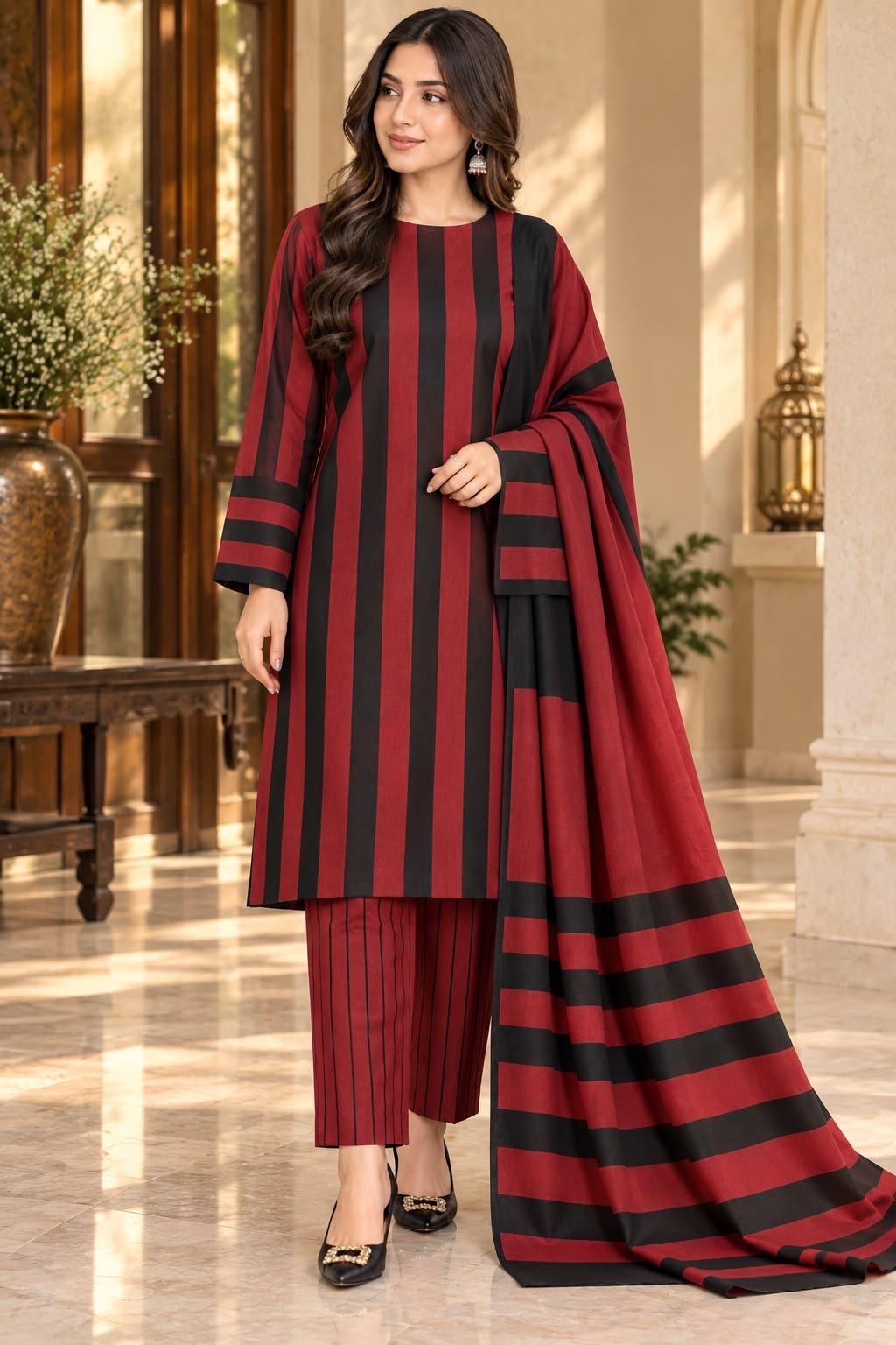 Khaadi Sussi 3pc Strips Black Red Print | Winter Viral Dresses