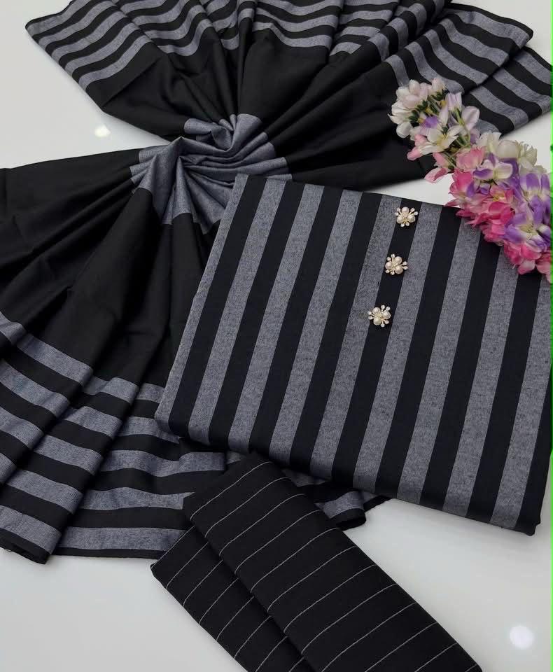 Khaadi Sussi 3pc Strips Black Gray Print | Winter Viral Dresses