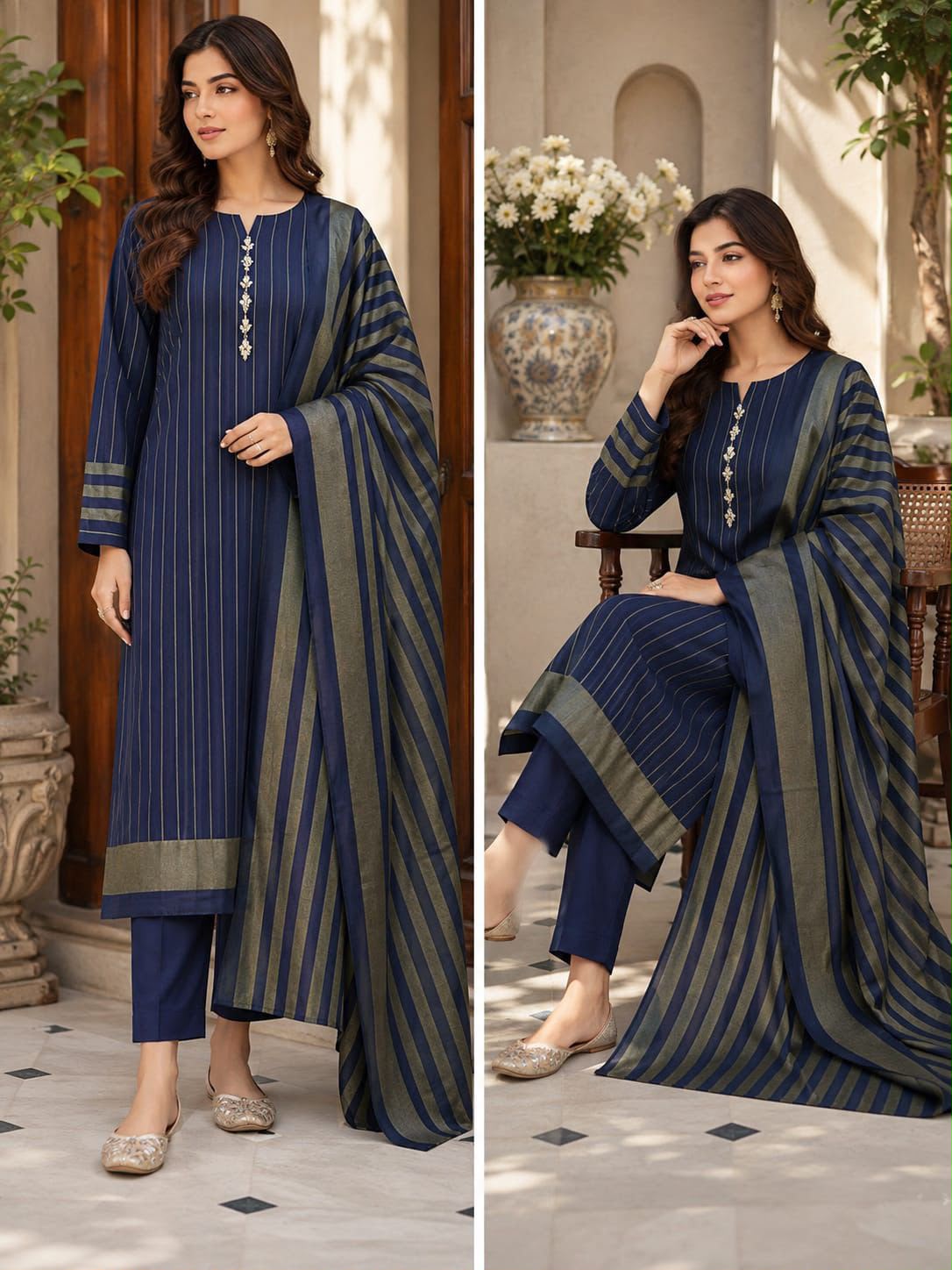 Khaadi Sussi 3pc Strips Print | Winter Viral Dresses