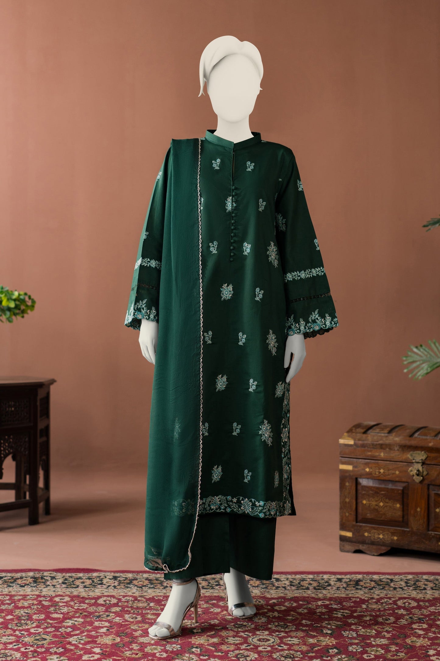 3Pc unstitched Dhanak With Plain Shawl