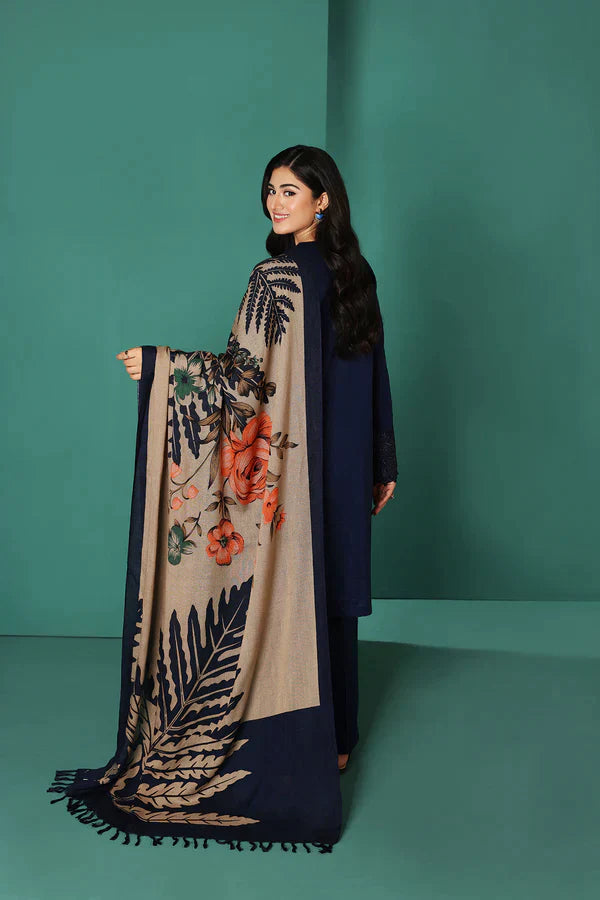 Nishat Blue Dhanak Embroidered three piece With Printed Wool Shawll