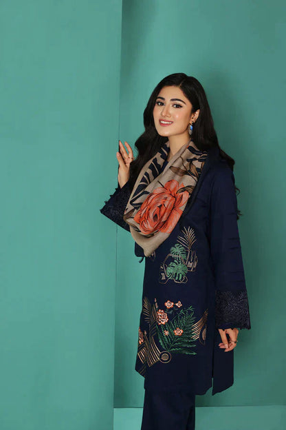 Nishat Blue Dhanak Embroidered three piece With Printed Wool Shawll