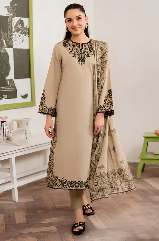 3PC Dhanak Embroidered suit with Printed Shawl