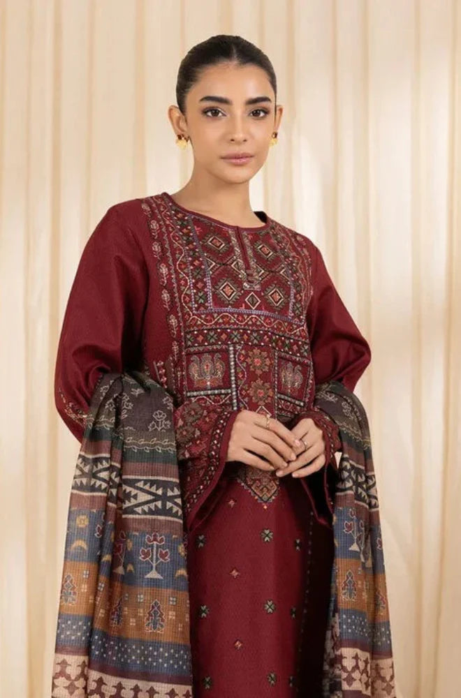 Sapphire 3PC Dhanak Embroidered Suit with Printed Shawl