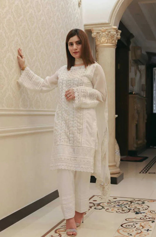 3PC Lawn Chiken Kari Embroidered Shirt with Orrganza Embroidered Dupatta