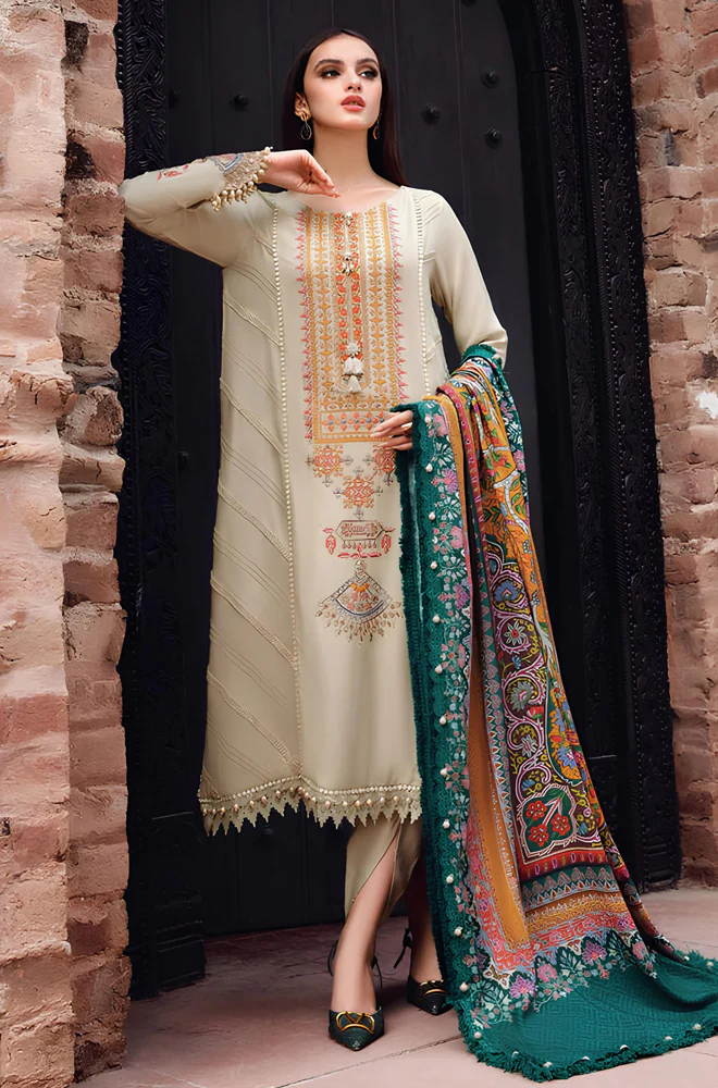 WINTER 3PC Dhannak Embroidered Suit With Printed Shawll