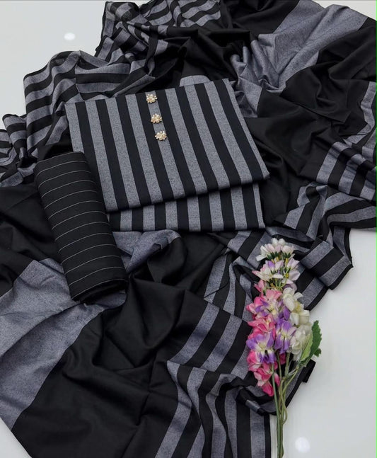 Khaadi Sussi 3pc Strips Black Gray Print | Winter Viral Dresses