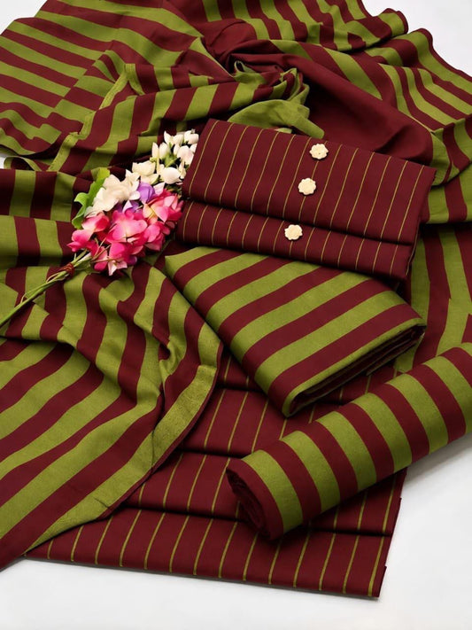 Khaadi Sussi 3pc Strips Mehroon Olive  Print | Winter Viral Dresses