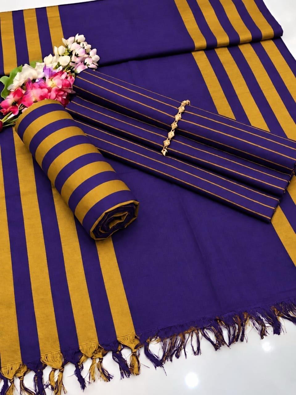 Khaadi Sussi 3pc Strips Purple Mustard Print | Winter Viral Dresses