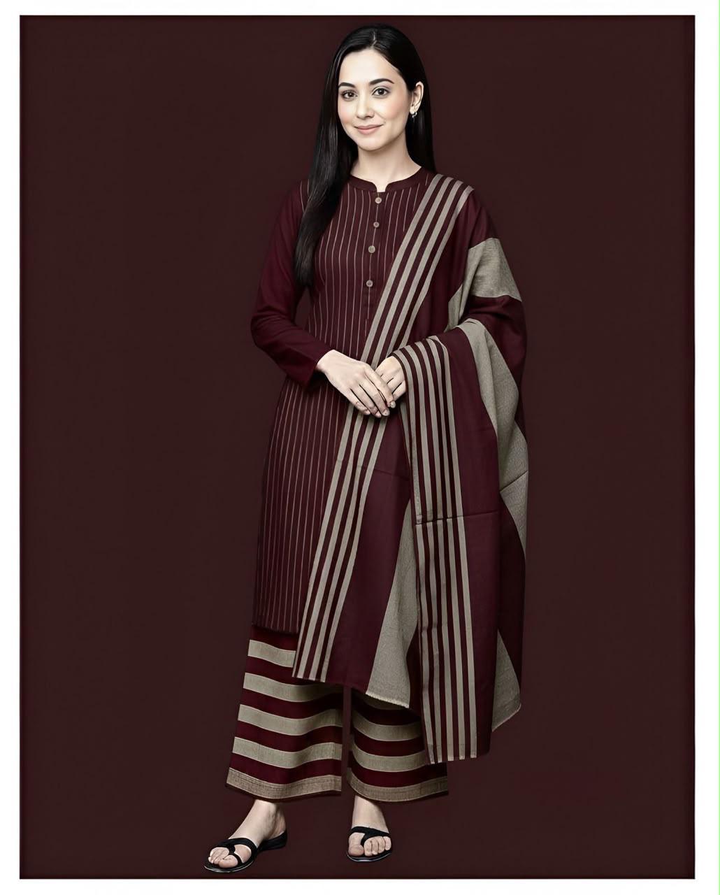 Khaadi Sussi 3pc Strips Mehroon Gray Print | Winter Viral Dresses