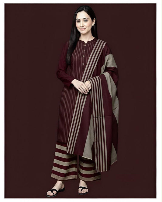 Khaadi Sussi 3pc Strips Mehroon Gray Print | Winter Viral Dresses