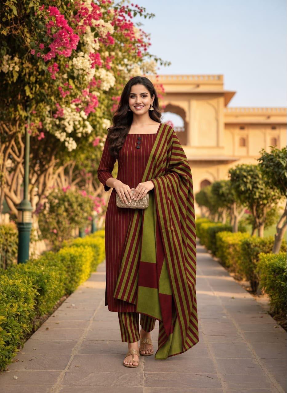 Khaadi Sussi 3pc Strips Mehroon Olive  Print | Winter Viral Dresses