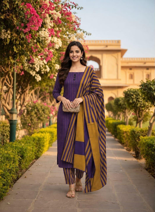 Khaadi Sussi 3pc Strips Purple Mustard Print | Winter Viral Dresses